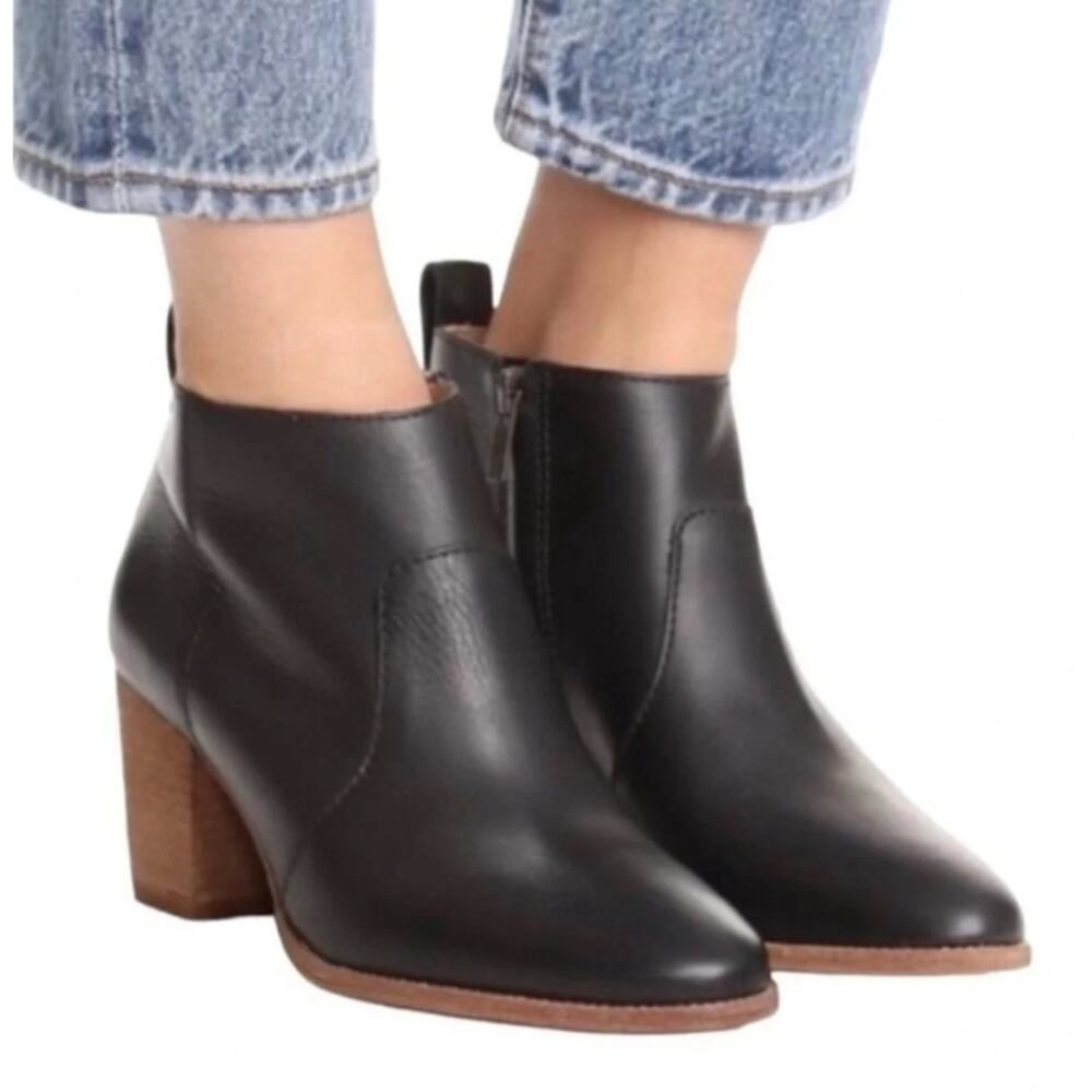 MADEWELL classic black leather brown block heel Brenner zip short bootie boot - Picture 3 of 11